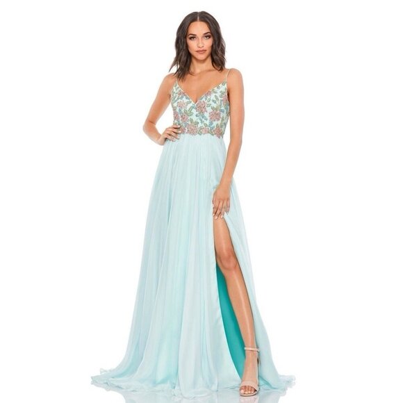 Mac Duggal Size 4 Aqua 67790 Floral Beaded Bodice Chiffon A-Line Giwn Dress $598 - Picture 1 of 11